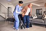 Woman helping man in wheelchair, nursing home and medical service for physical therapy, recovery and retirement. Caregiver, nurse and support patient with disability, rehabilitation and healthcare