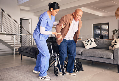 Buy stock photo Woman helping man in wheelchair, nursing home and medical service for physical therapy, recovery and retirement. Caregiver, nurse and support patient with disability, rehabilitation and healthcare