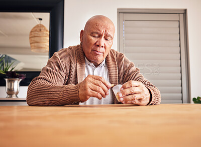Buy stock photo Retirement, medicine and old man with pills, depression and sad with mental health, self care and illness. Mature male person, pensioner and guy with tablets, self care and wellbeing with medication