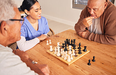 Buy stock photo Retirement, playing and chess with senior men at nursing home for fun activity in home with nurse at table. Strategy, chessboard and challenge with elderly friends together on table for bonding.