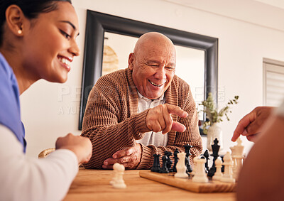 Buy stock photo Senior man, nursing home and chess for game, competition and happy with friends, strategy and relax together. Elderly person, nurse and board for contest with mindset, excited smile or point at table