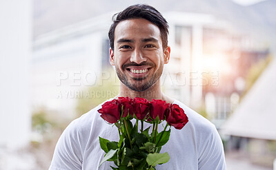 Buy stock photo Smile, portrait and happy man with bouquet of roses for date, romance and hope for valentines day. Love confession, romantic gift and person holding flowers outside in city for proposal or engagement