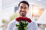 Smile, portrait and man with bouquet of roses for date, romance and hope for valentines day. Love confession, romantic gift and happy male holding flowers outside in city for proposal or engagement.