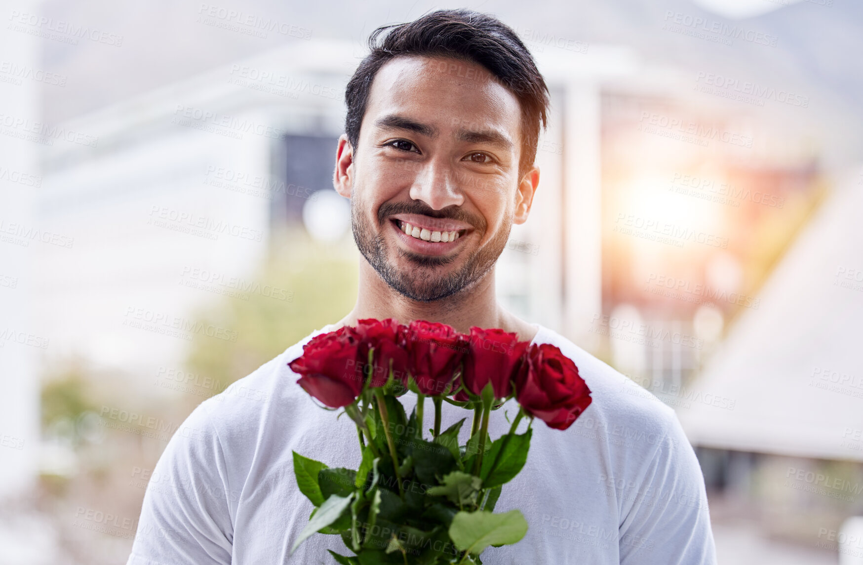 Buy stock photo Smile, portrait and man with bouquet of roses for date, romance and hope for valentines day. Love confession, romantic gift and happy male holding flowers outside in city for proposal or engagement.