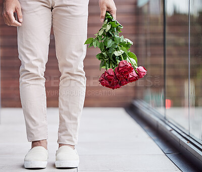 Buy stock photo Love, legs and man with bouquet of flowers for date, romance and hope for valentines day. Romantic confession, floral gift and person holding red roses, standing outside for proposal or engagement.