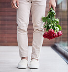 Love, legs and man with rose bouquet, romance and present giving hope for valentines day date. Romantic confession, floral gift and person holding flowers, standing outside for proposal or engagement