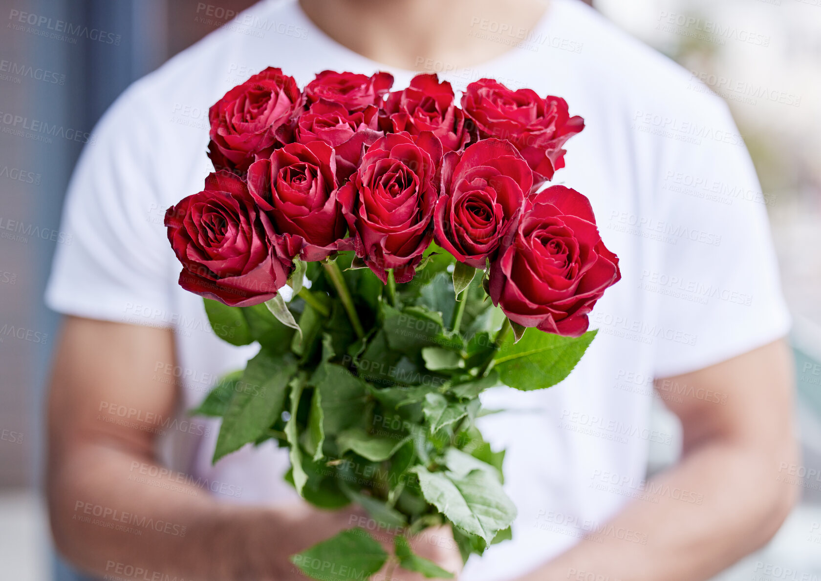 Buy stock photo Love, romance and man with bouquet of roses for date, care for valentines day and gratitude. Romantic surprise, floral gift and person giving red flowers standing outside for proposal or engagement