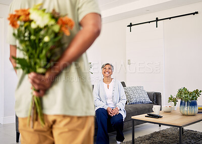 Buy stock photo Flower bouquet, senior couple or surprise gift for Valentines Day, anniversary or marriage love, care and bond. Home, natural and back of old man with hidden floral present to celebrate Birthday wife