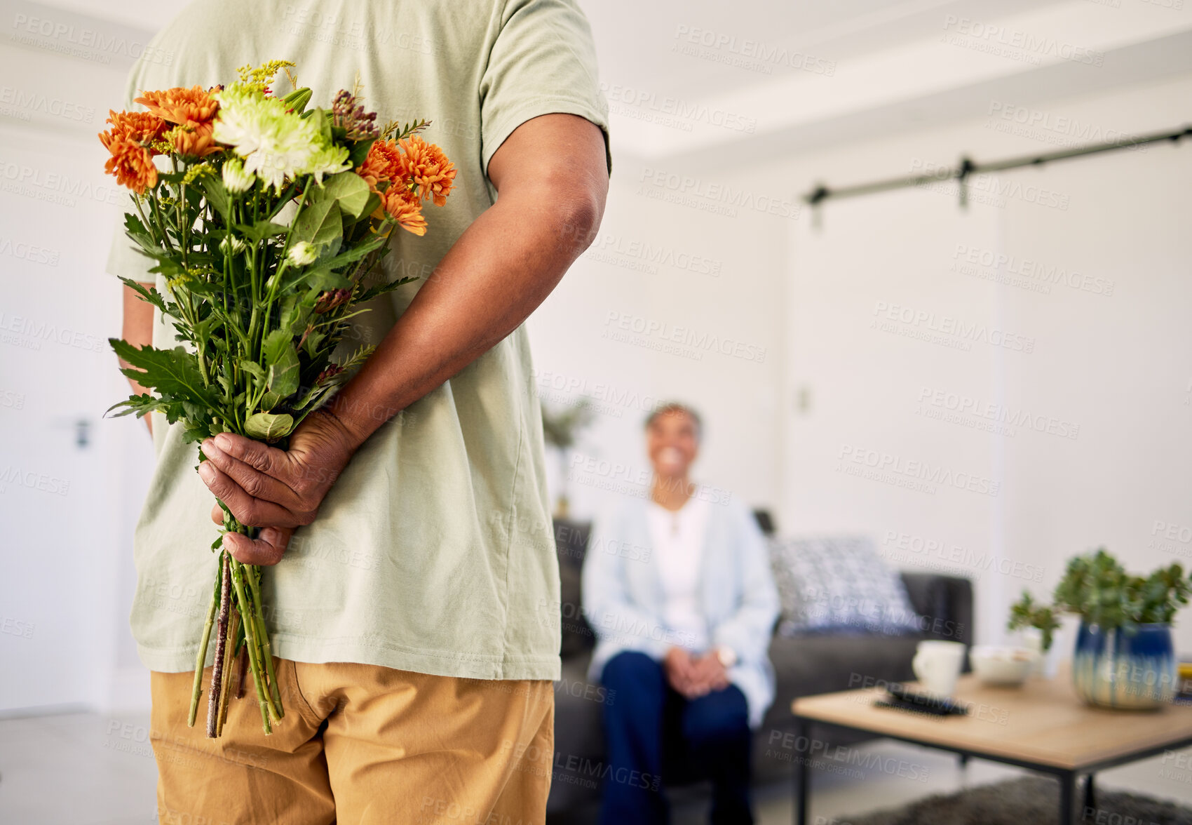 Buy stock photo Flowers bouquet, elderly couple or surprise present for Valentines Day, romance or marriage celebration, care or bond. Home, special event or back of senior man hide floral gift to celebrate birthday