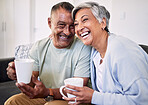 Love, coffee cup or senior couple laughing, talk and enjoy funny conversation, morning drink or home humour. Morning tea mug, comedy or portrait of elderly man, woman or people laugh at marriage joke