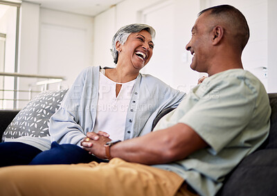 Buy stock photo Trust, happiness and laughing elderly couple relax, talk and enjoy funny conversation, care or humour in Mexico home. Silly communication, comedy or senior woman, man or people laugh at marriage joke