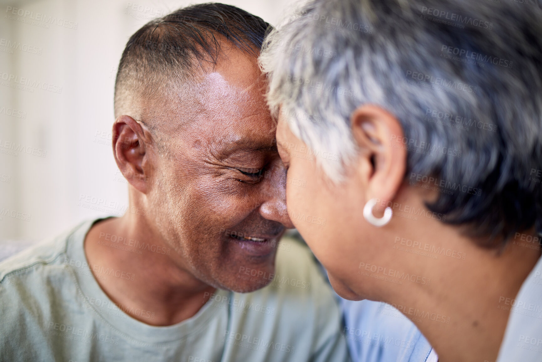 Buy stock photo Closeup, forehead and senior couple with love, marriage and retirement with happiness, romance and care. Romantic, elderly woman and old man embrace, relationship and loving together with affection