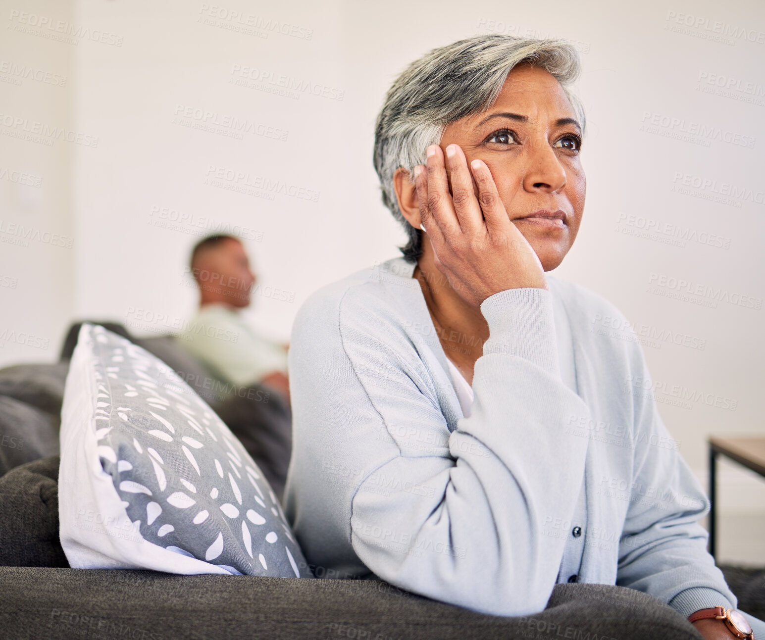 Buy stock photo Sad woman, fight and problem of couple in divorce, depression and ignore conflict at home. Face of female person thinking of argument, bad marriage and emotions for breakup, stress or jealous partner