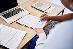 Couple, tax documents and hands with writing, financial review and planning for budget in home. People, laptop and paperwork for insurance, compliance or payment for bills, debt or savings at desk