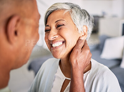 Buy stock photo Happy, senior woman and couple embrace with love, support and care in a home. Romance, elderly people and female person in a living room in retirement with joy from anniversary and relationship