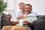 Home, tablet and senior couple laughing, happy and reading funny email, news article joke and social media meme. Website humour, comedy blog and elderly man, old woman or people smile for web comic