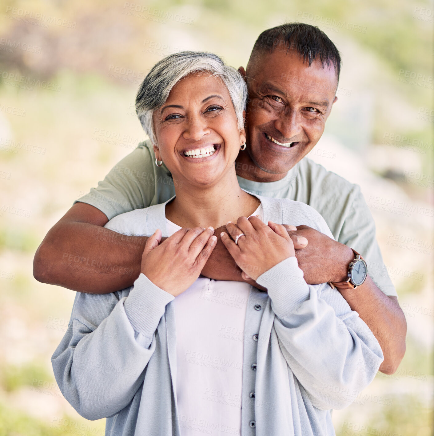 Buy stock photo Senior couple, hug and happy portrait together in nature and love in marriage with support or garden in nursing home. Lovers, embrace and elderly people relax with happiness and smile in retirement