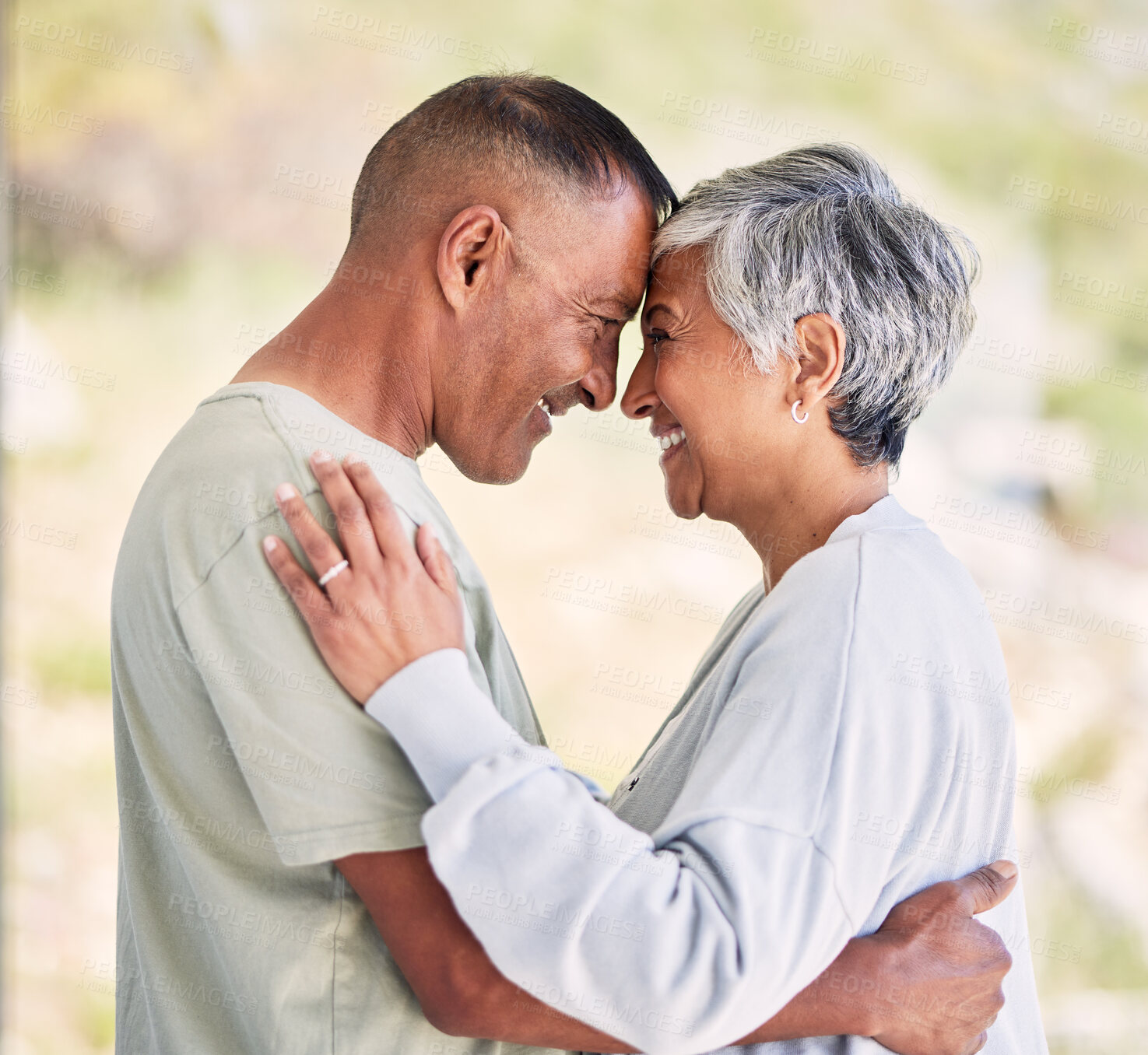 Buy stock photo Senior couple, happy together and love in marriage or hug with support in nature, garden or nursing home. Lovers, embrace and elderly people relax with freedom, happiness and smile in retirement