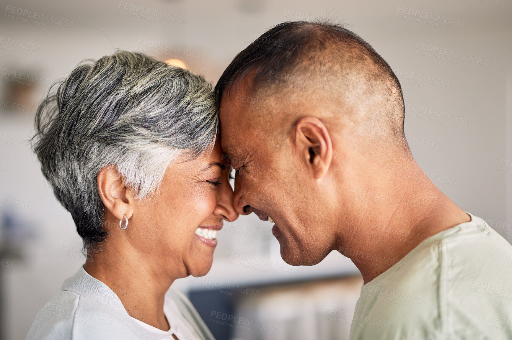 Buy stock photo Home, forehead and senior couple with love, happiness and retirement with romance, affection and bonding. Romantic, old woman or elderly man embrace, relationship and loving together with affection