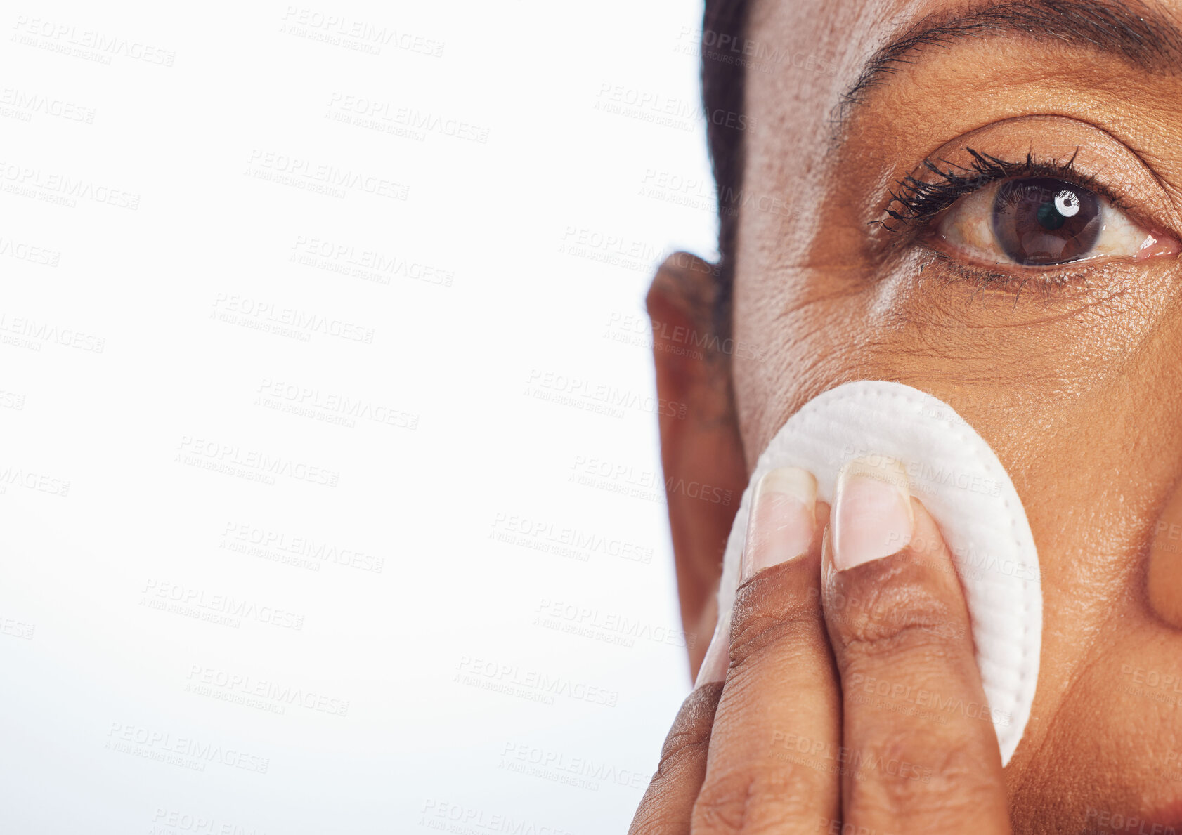 Buy stock photo Portrait, mockup or woman with cotton pad for facial dermatology, skincare or healthy shine. White background, studio space or face of person cleaning with swab for beauty, cleansing or dirt removal