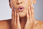 Lips, pouting or hands of a woman for skincare, beauty or dermatology wellness. Mouth, anti aging and face or manicure of a model for cosmetic nails, glow or wow isolated on a studio background