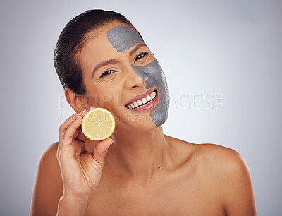 Buy stock photo Woman, skincare, with lemon and face mask with charcoal, clay or natural beauty product for wellness, detox or nutrition. Fruit, vitamin c and girl with healthy cosmetics or vegan facial care 