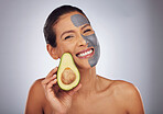 Woman, skincare with avocado and face mask with clay, charcoal or natural beauty product for wellness, detox or nutrition. Fruit, portrait of girl with healthy, green cosmetics or vegan facial care 