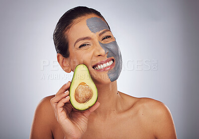 Buy stock photo Woman, skincare with avocado and face mask with clay, charcoal or natural beauty product for wellness, detox or nutrition. Fruit, portrait of girl with healthy, green cosmetics or vegan facial care 