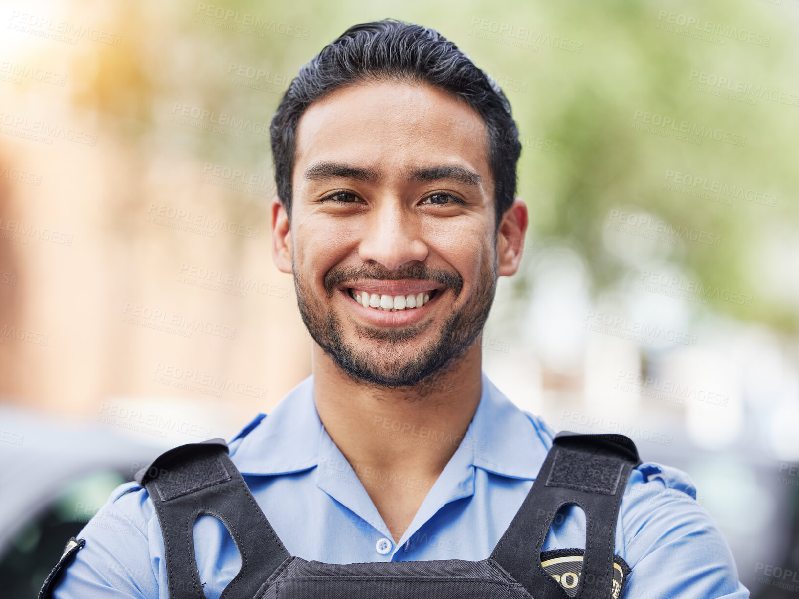 Buy stock photo Portrait of man, security guard or smile of safety officer for protection service or patrol in city. Law enforcement, professional crime prevention or face of happy asian policeman in uniform outdoor