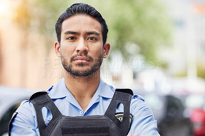 Buy stock photo Portrait, serious police man and security guard for protection service, safety and officer patrol in city. Law enforcement, professional supervision and face of asian crime worker in uniform outdoor