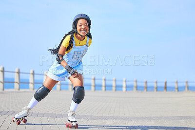 Buy stock photo Skating, portrait and woman on promenade for learning, fun and weekend skate. Summer, smile and African person with mockup while on roller skates for a trendy activity, hobby and vacation in street