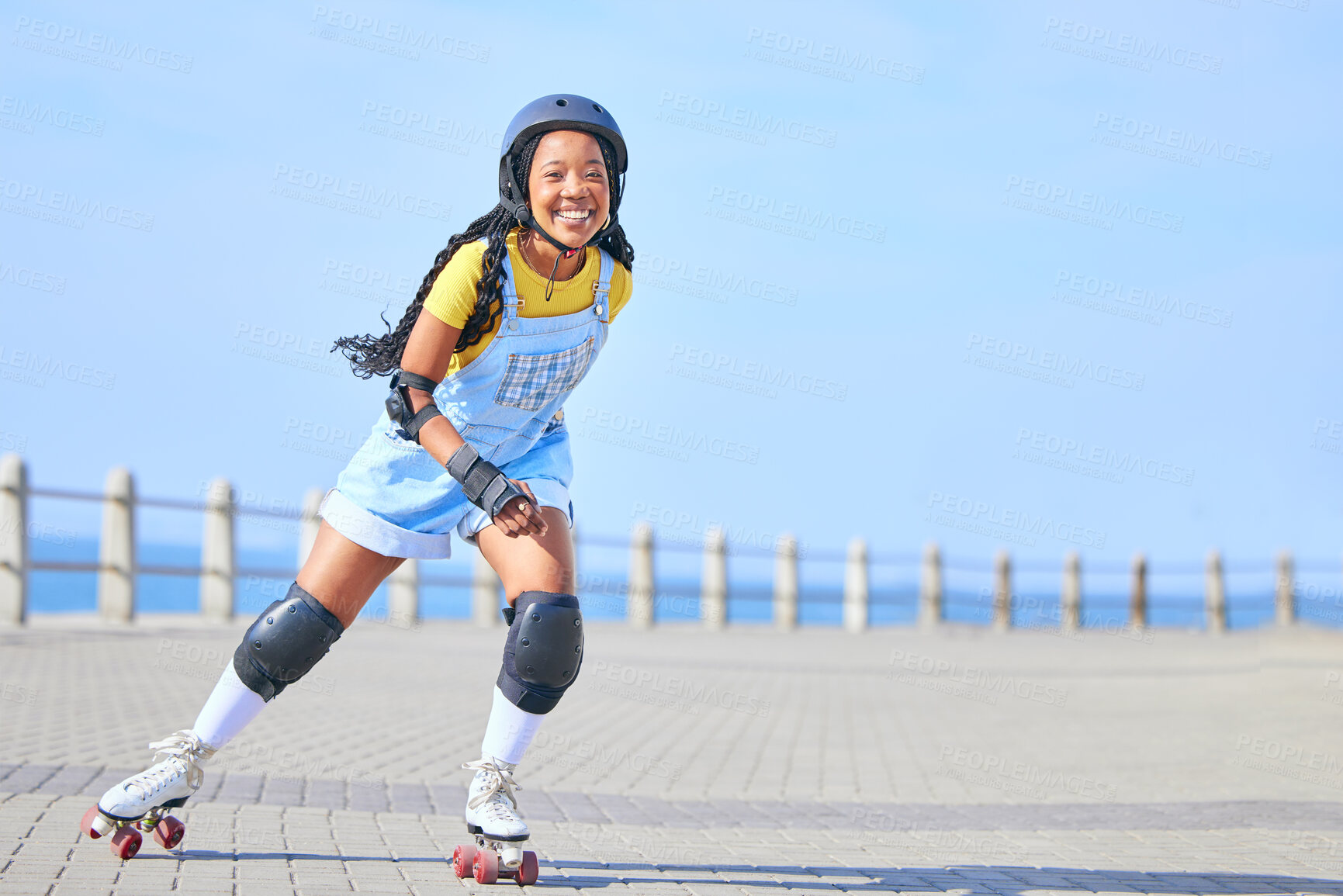 Buy stock photo Skating, portrait and woman on promenade for learning, fun and weekend skate. Summer, smile and African person with mockup while on roller skates for a trendy activity, hobby and vacation in street