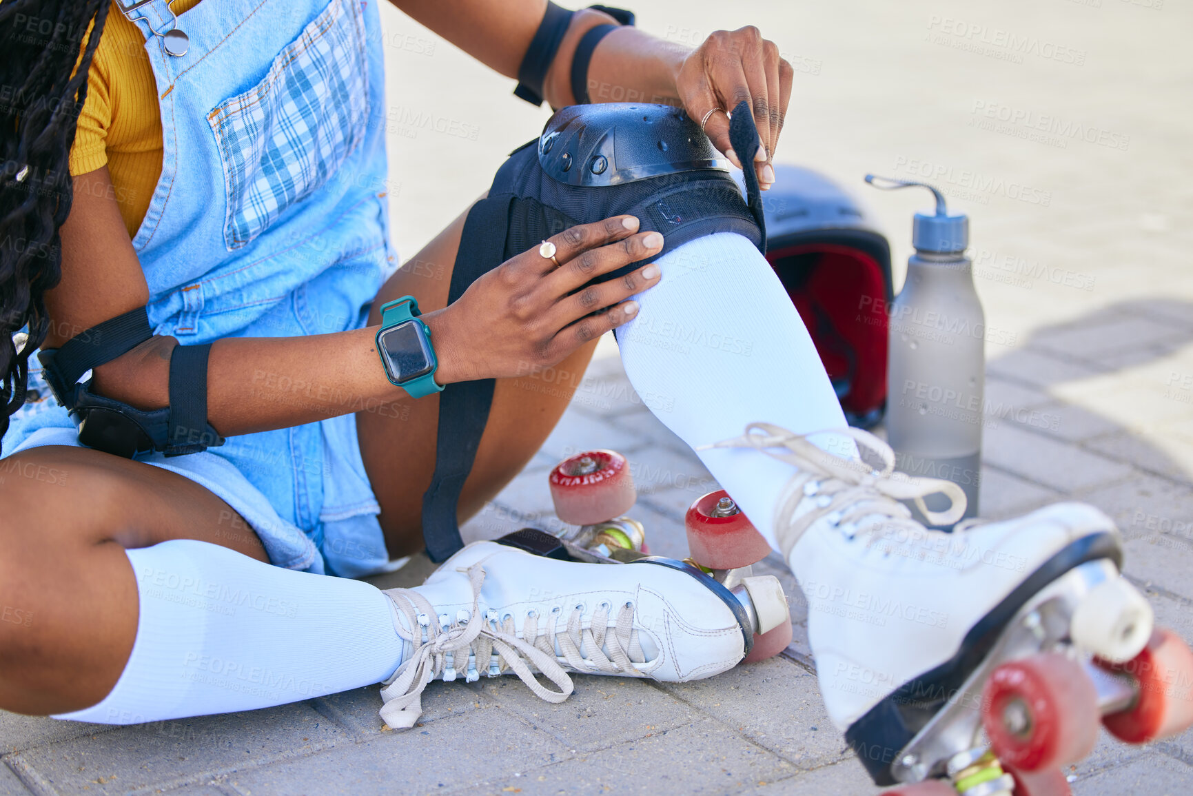 Buy stock photo Sports, city and woman with pads for roller skating for fun activity, learning and training outdoors. Summer, safety gear and female person in street ready to skate, exercise and hobby in urban town