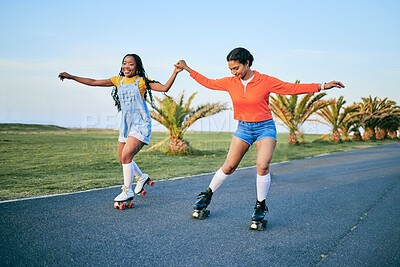 Roller skates, holding hands and friends on street for workout, exercise or training outdoor. Skating, happy people and girls together for sports on road to travel, journey and moving for fitness.