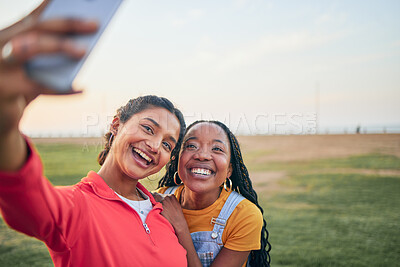 Buy stock photo Selfie, happy and friends in nature for social media memory, update or together in summer. Smile, diversity and women taking a digital photo at a park for travel, vacation or relax on a holiday