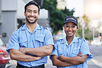 Woman, man and security guard portrait in city, arms crossed and happy for support, safety and teamwork. Protection agent, smile and face with partnership, solidarity or pride for job in metro street