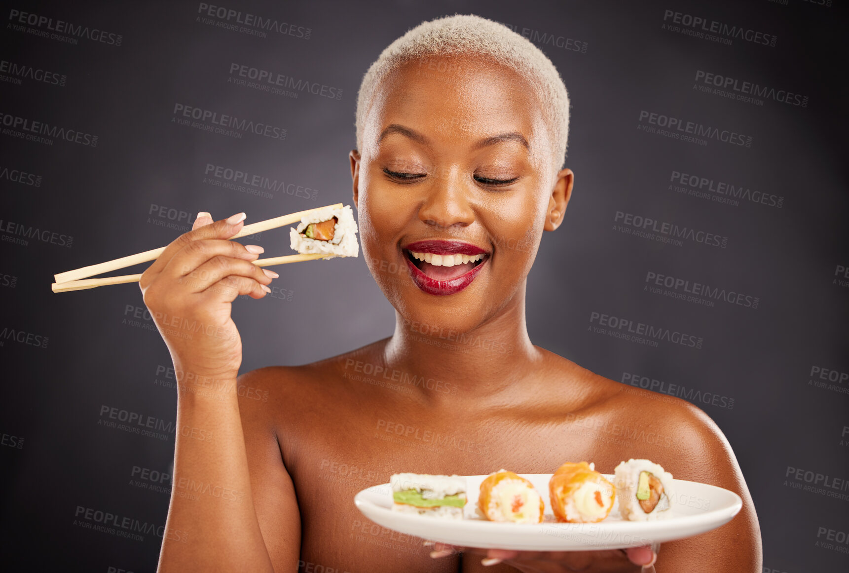 Buy stock photo Sushi, happy woman and food with salmon, rice and chopsticks for eating a platter of fish, seafood or luxury menu. Healthy lunch or dinner with sashimi and wasabi on plate from Asian restaurant