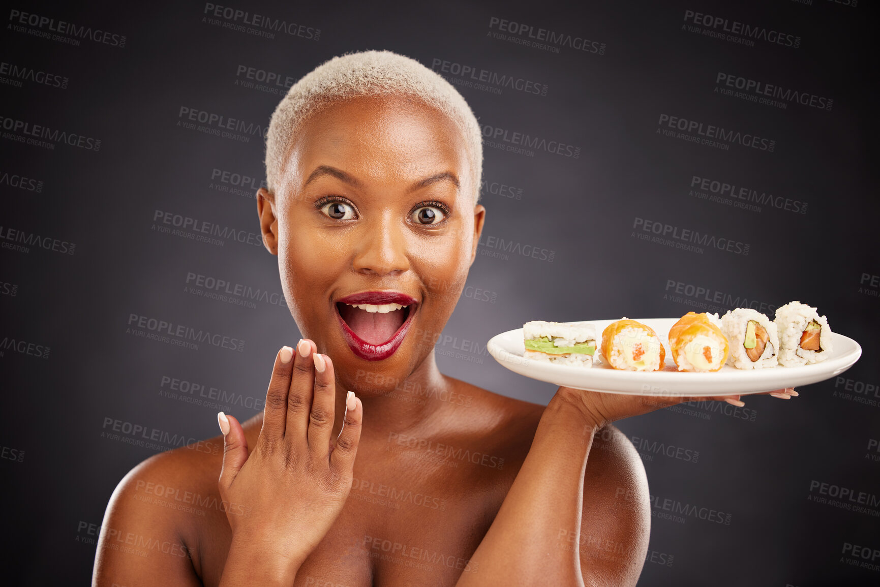 Buy stock photo Surprise, sushi and portrait of woman with salmon, rice and excited for eating a platter of fish, seafood or luxury food. Healthy menu, lunch or plate of dinner with sashimi from Asian restaurant