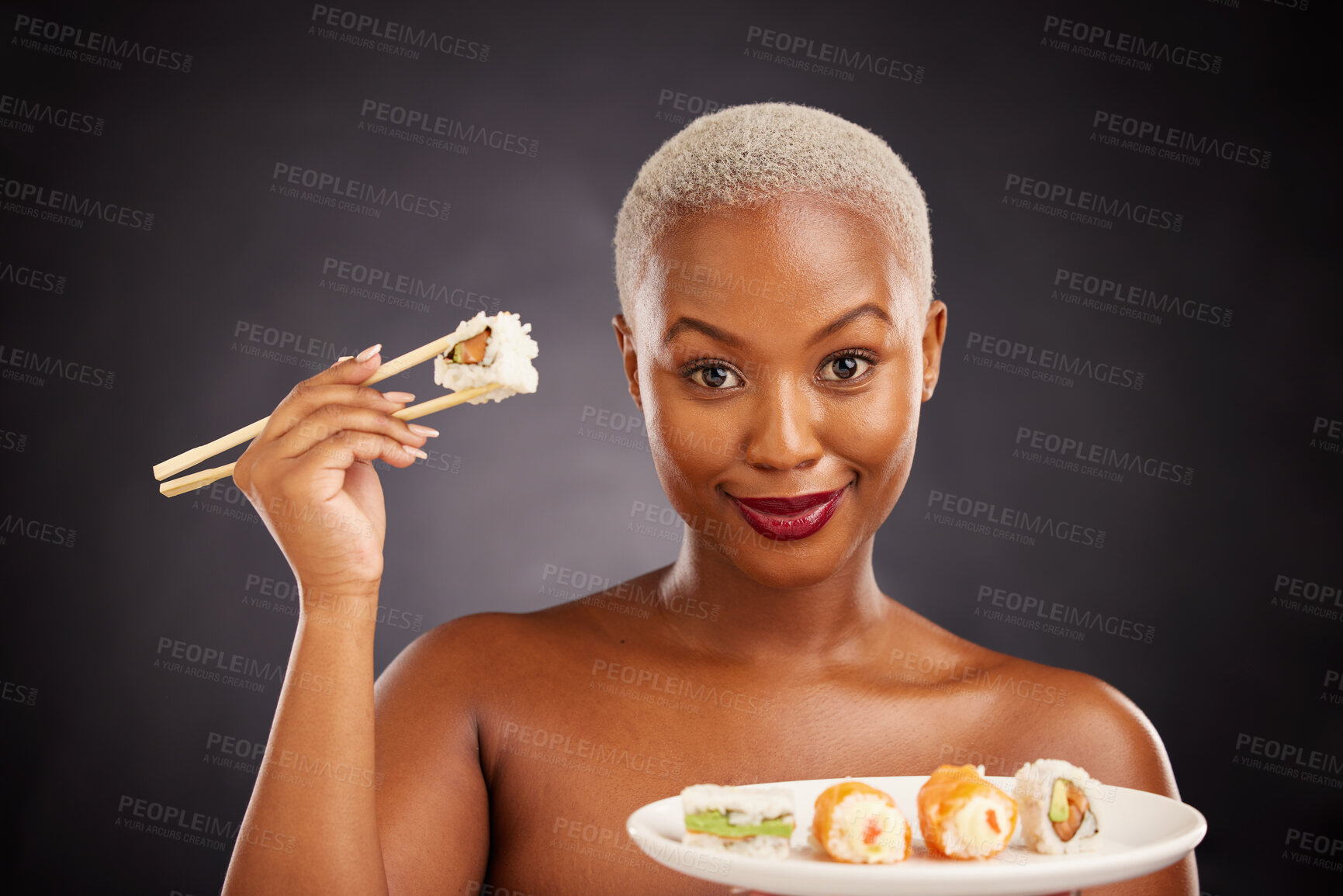 Buy stock photo Sushi, Japanese food and portrait of woman with salmon, rice and chopsticks for eating a platter of fish, seafood or luxury. Healthy lunch or plate with dinner of sashimi from Asian restaurant