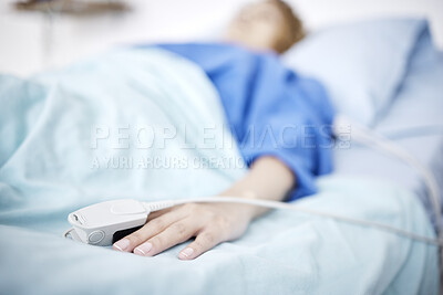 Buy stock photo Person, hand or sleeping in hospital bed for medical treatment, surgery and icu operation in clinic. Tired, blur or sick patient lying or resting in emergency room for healthcare or wellness recovery