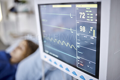 Buy stock photo Healthcare, monitor and heart rate in the hospital with a patient in recovery or in preparation of surgery. Medical, technology and cardiology with a person in the clinic for emergency medicare