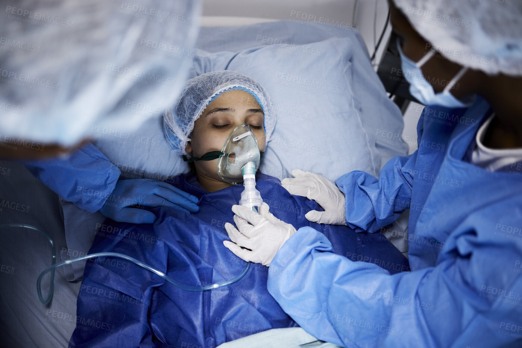 Buy stock photo Doctor, hospital bed or woman with an oxygen mask, respiratory or operation for healthcare recovery. Medical surgeon, anesthesia or sick patient with breathing equipment for ventilation in emergency