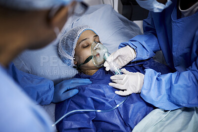 Buy stock photo Doctor, hospital bed or sick woman with an oxygen mask, respiratory or operation for healthcare recovery. Medical surgeon, anesthesia or patient with breathing equipment for ventilation in emergency