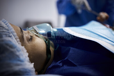 Buy stock photo Doctor, sleeping or sick woman with an oxygen mask or respiratory for healthcare recovery in hospital bed. Medical surgeon, anesthesia or patient with breathing equipment for ventilation in emergency