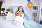 Doctor, patient and writing on clipboard in a hospital with a sick woman in bed for a report. Healthcare, medical staff and insurance with information, questions or screening consultation for person 