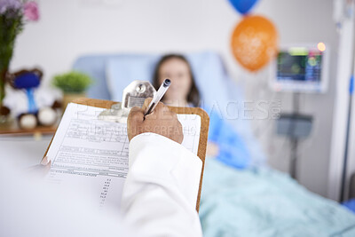 Buy stock photo Doctor, patient and writing on clipboard in a hospital with a sick woman in bed for a report. Healthcare, medical staff and insurance with information, questions or screening consultation for person 
