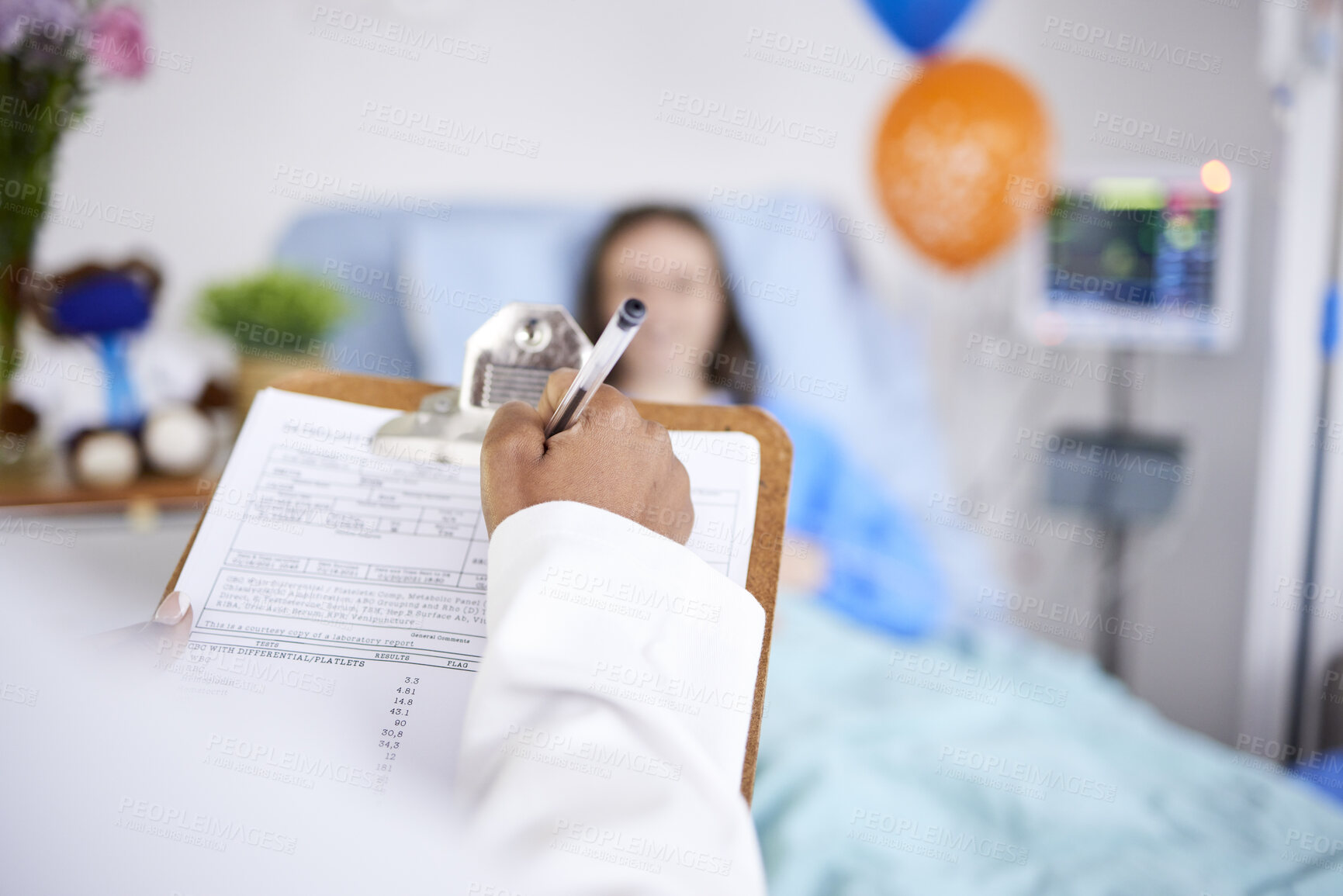 Buy stock photo Doctor, patient and writing on clipboard in a hospital with a sick woman in bed for a report. Healthcare, medical staff and insurance with information, questions or screening consultation for person 