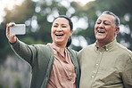 Happy senior couple, selfie and laughing for photo, picture or memory together in nature outdoors. Elderly man and woman smile for social media, online post or vlog in happiness for capture outside