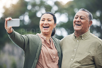 Buy stock photo Happy senior couple, selfie and laughing for photo, picture or memory together in nature outdoors. Elderly man and woman smile for social media, online post or vlog in happiness for capture outside