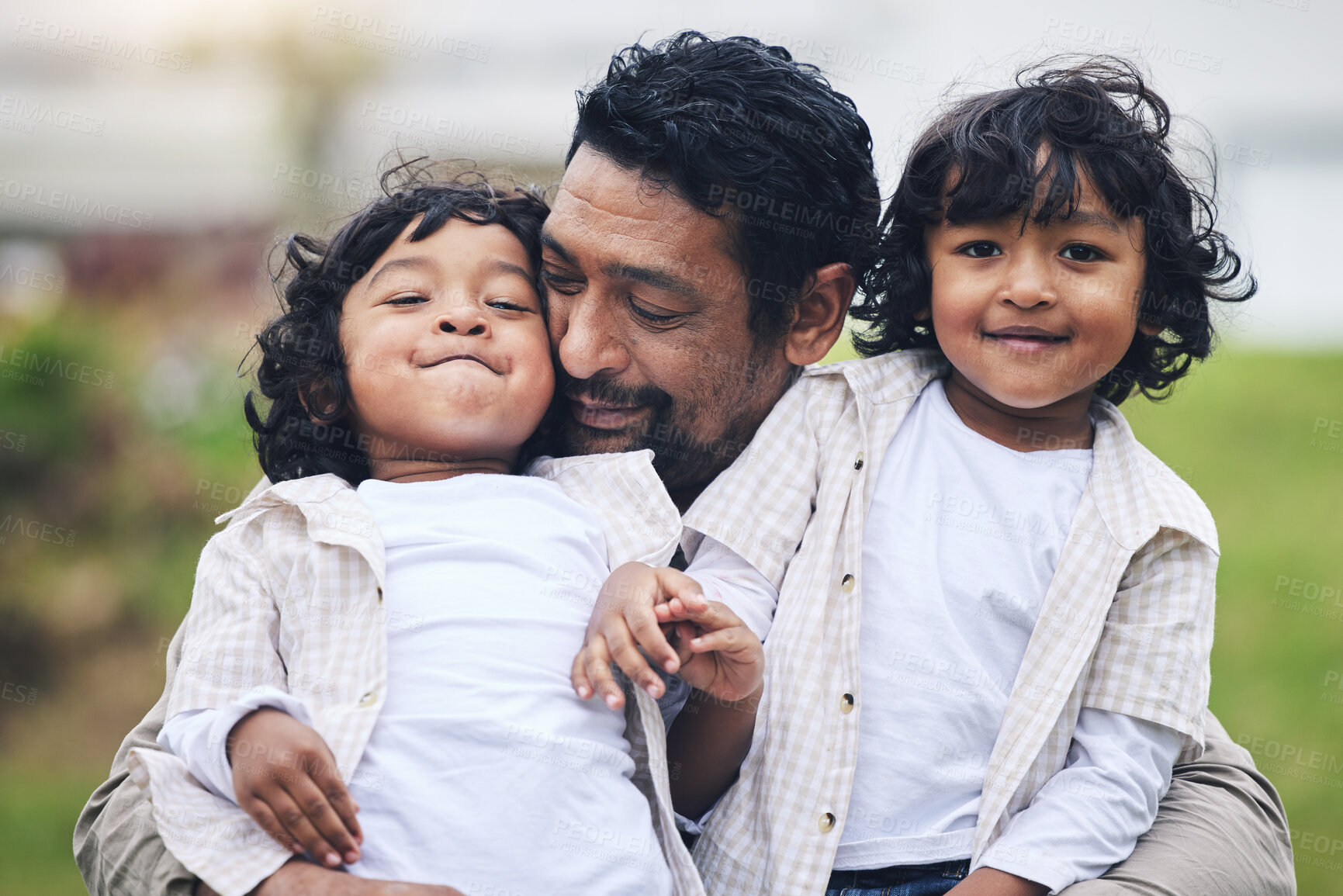 Buy stock photo Park, love and father hug children for bonding, quality time and affection outdoors together. Happy family, relax and portrait of kids with dad in nature embrace for care, loving relationship and joy